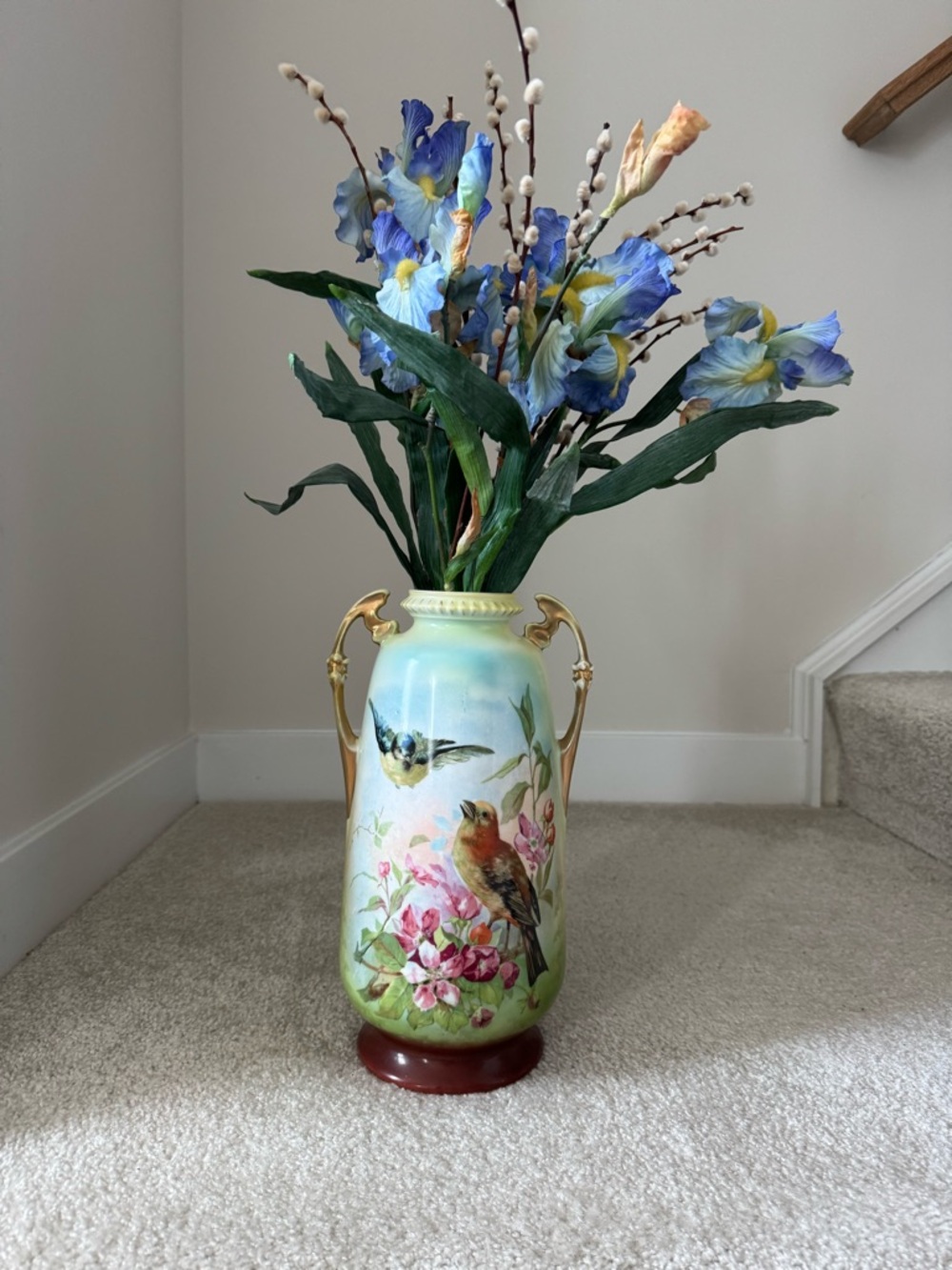 Antique Victoria Austria Bird & Flowers Vase Hand Painted 13” Gold Trim